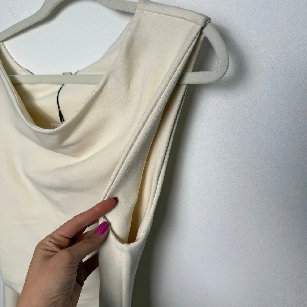 Zara Womens XL Cream Asymmetric Drape Midi Dress Sleeveless‎ Ruched 4174/648/712 - Picture 5 of 8